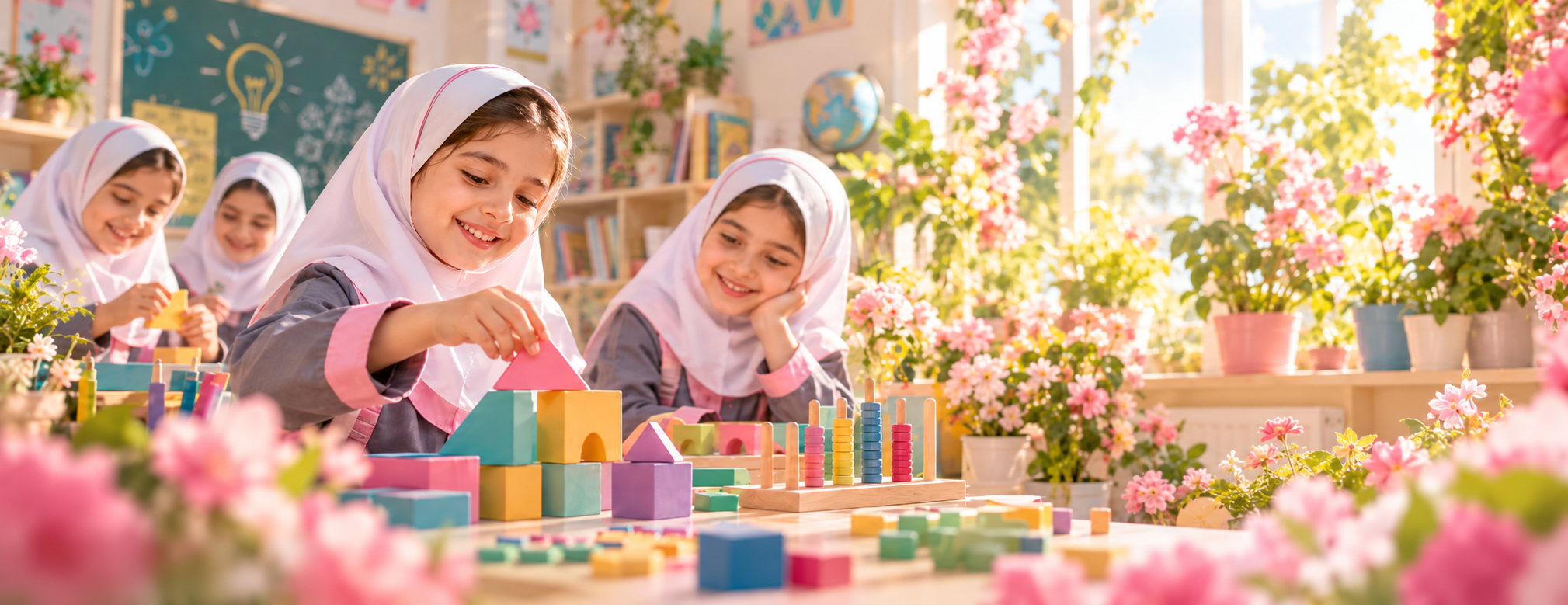 دختران در حال یادگیری و کار با ابزارهای آموزشی رنگی