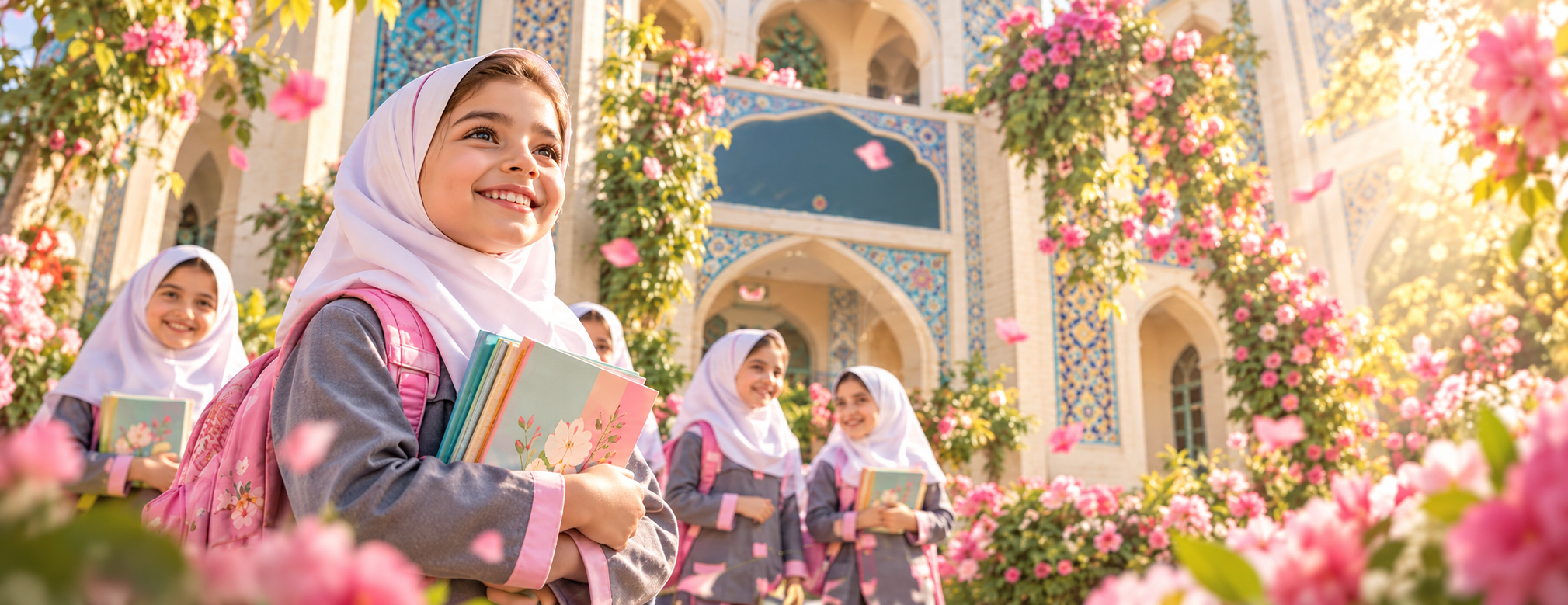 دانش‌آموزان دختر با لباس مدرسه و کتاب در فضای گل‌آرایی‌شده