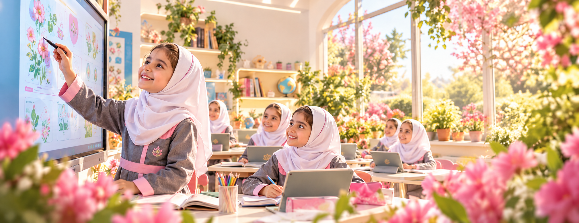 دانش‌آموزان در تعامل با تخته دیجیتال در کلاس